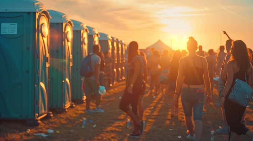 People waiting in line at portable toilets during sunset at an outdoor event.