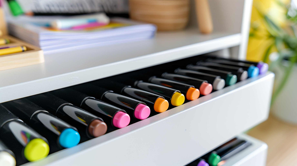 Organized drawer of colorful markers arranged in rainbow order within white storage container.