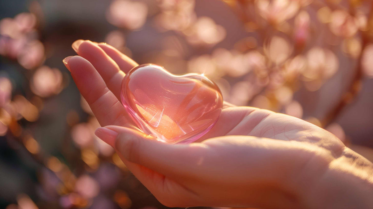 A glowing red heart rests in an open palm under warm, golden sunlight.