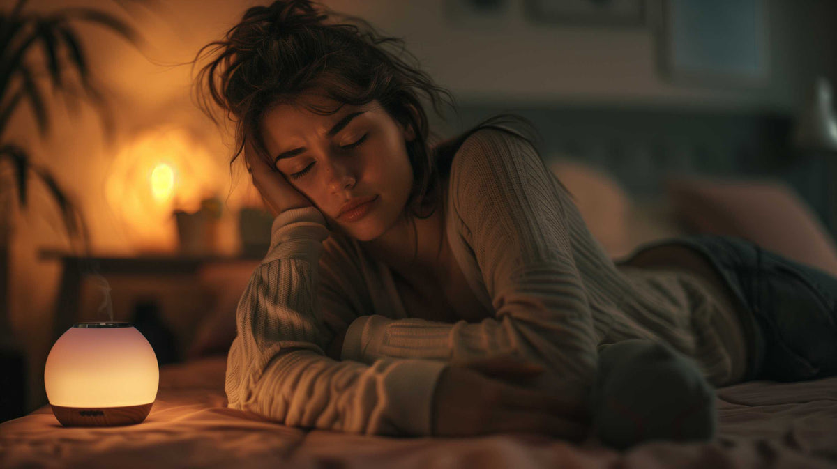 Woman resting peacefully beside a glowing bedside lamp in warm lighting, practicing self-care and relaxation.