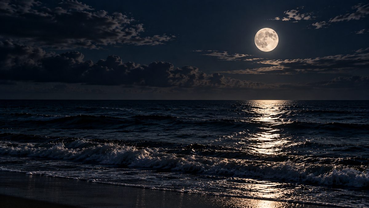 night sky over ocean with a full moon