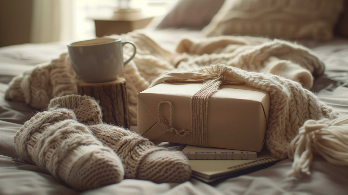 Cozy bedside scene with wrapped gift, warm socks, coffee mug, and notebook on blankets.