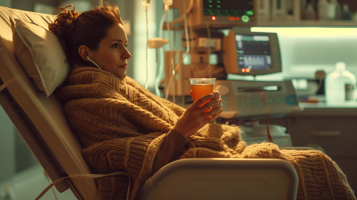 Woman in cozy sweater holding warm beverage while seated in medical infusion chair.