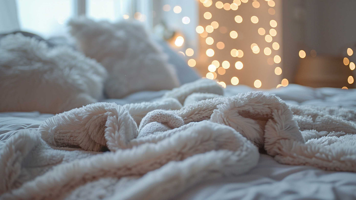 Cozy cream-colored blankets and pillows arranged on a bed with warm golden lights in the background.