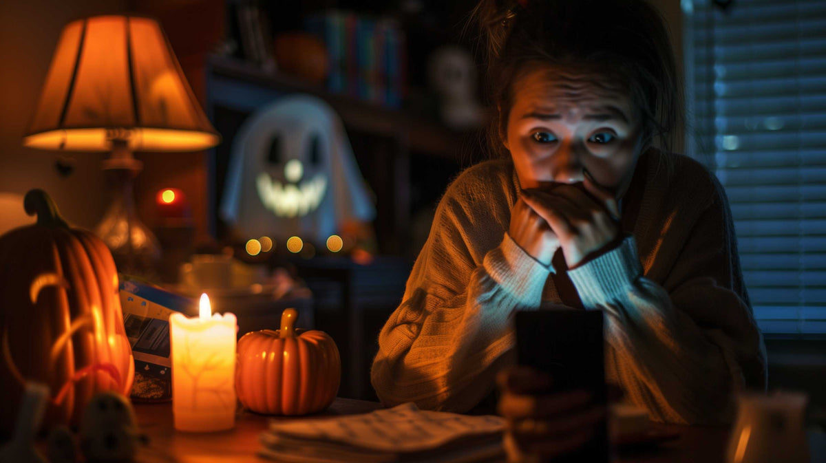 Person looking anxious while holding a phone, surrounded by Halloween decorations and candlelight in a darkened room.
