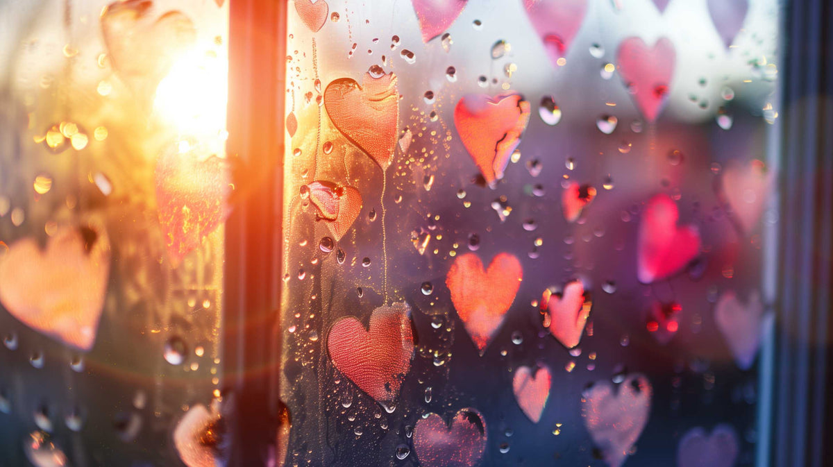 Raindrops and paper hearts decorate a window with warm sunset light streaming through.