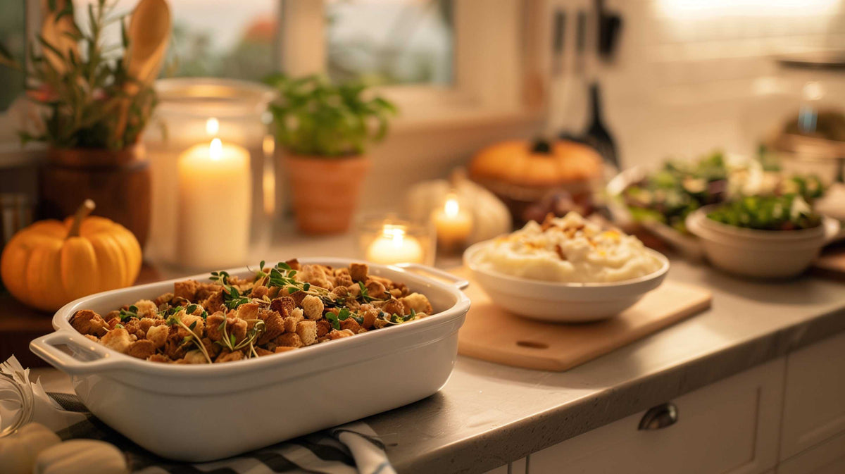 Thanksgiving dinner spread with casseroles, side dishes, candles, and autumn decorations on kitchen counter.