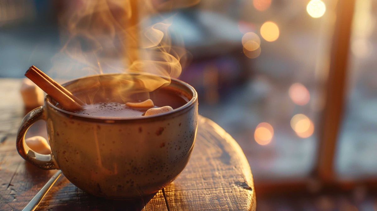 Steaming mug of hot chocolate with cinnamon stick, warm golden lighting in background.