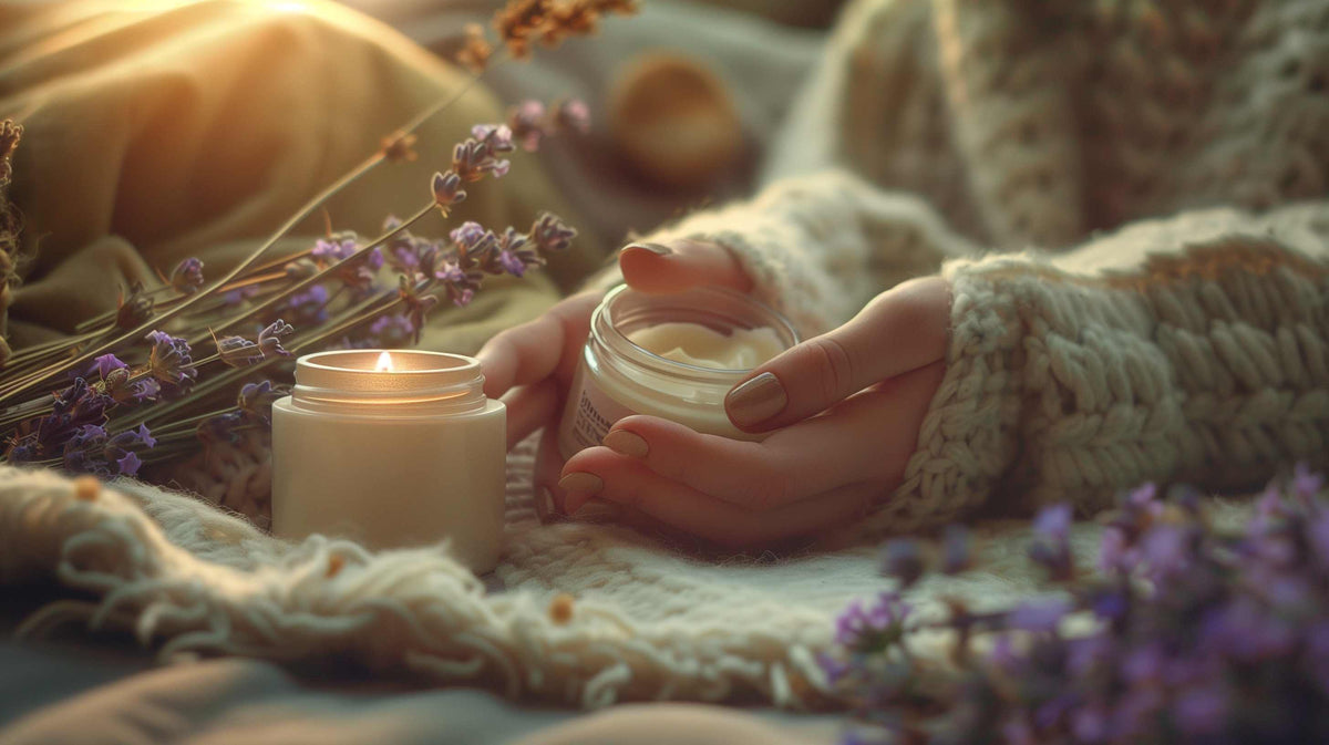 Person in cozy sweater applies skincare cream with lavender flowers nearby in natural lighting.