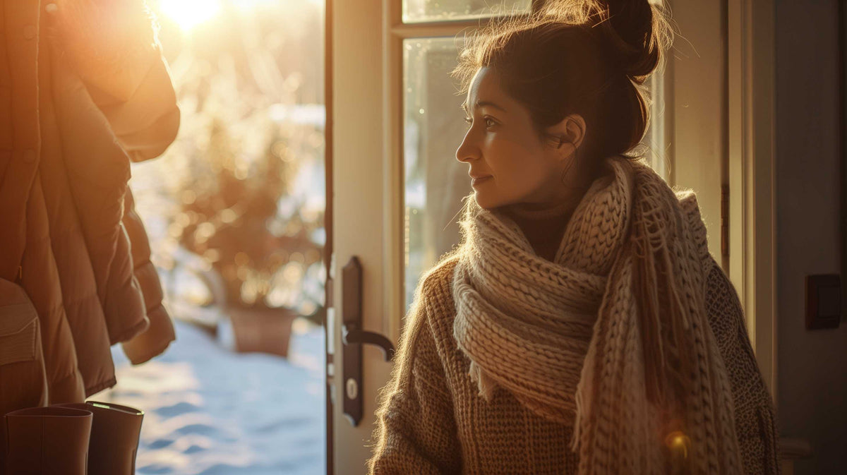 Woman in warm knit sweater and scarf gazes out sunny window during cold weather.