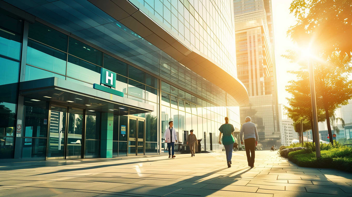 Modern hospital entrance with glass facade and H sign, people walking outside in sunlight.