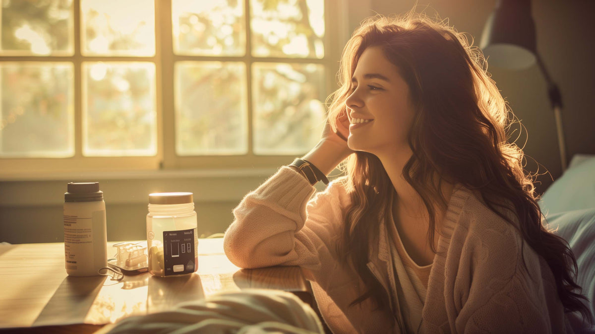 Woman sitting at a table with medical accessories and medications, gazing thoughtfully toward a sunlit window.