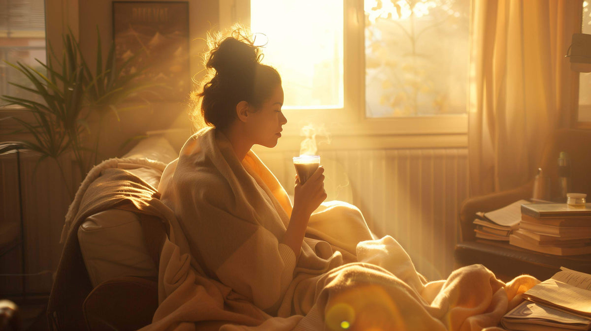 Woman in comfortable clothing sitting by a sunny window holding a warm beverage in a peaceful room.