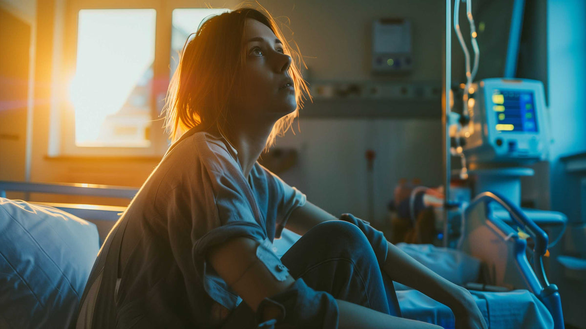 Woman sitting on hospital bed looking upward, wearing medical gown with IV line visible in dimly lit medical room.