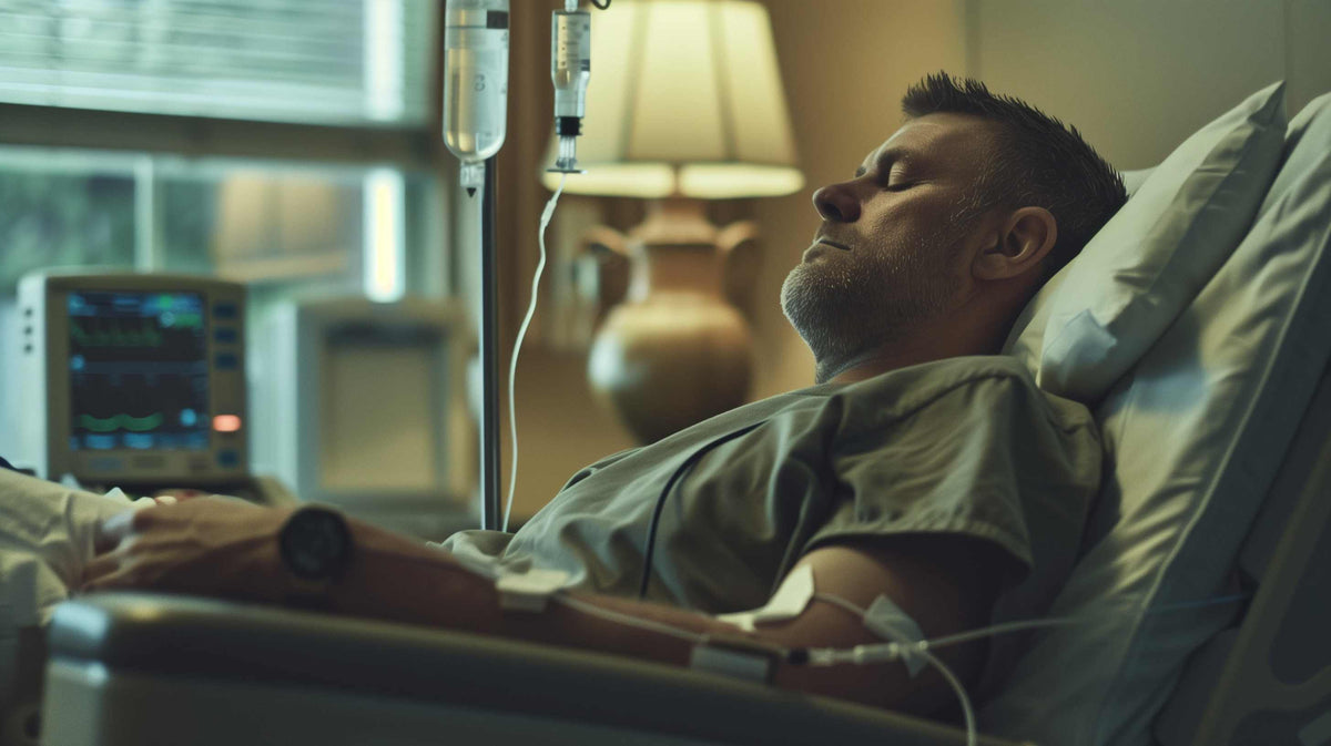 Man in hospital gown resting in bed with IV drip and monitoring equipment nearby.