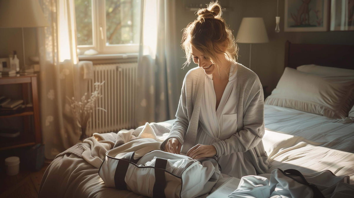 Woman sitting on hospital bed, folding adaptive clothing with magnetic closures into a suitcase.