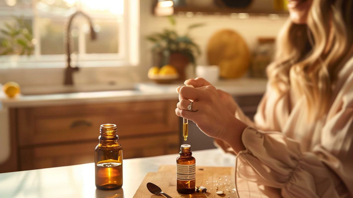Woman using a dropper to dispense tincture from a bottle in a kitchen setting.