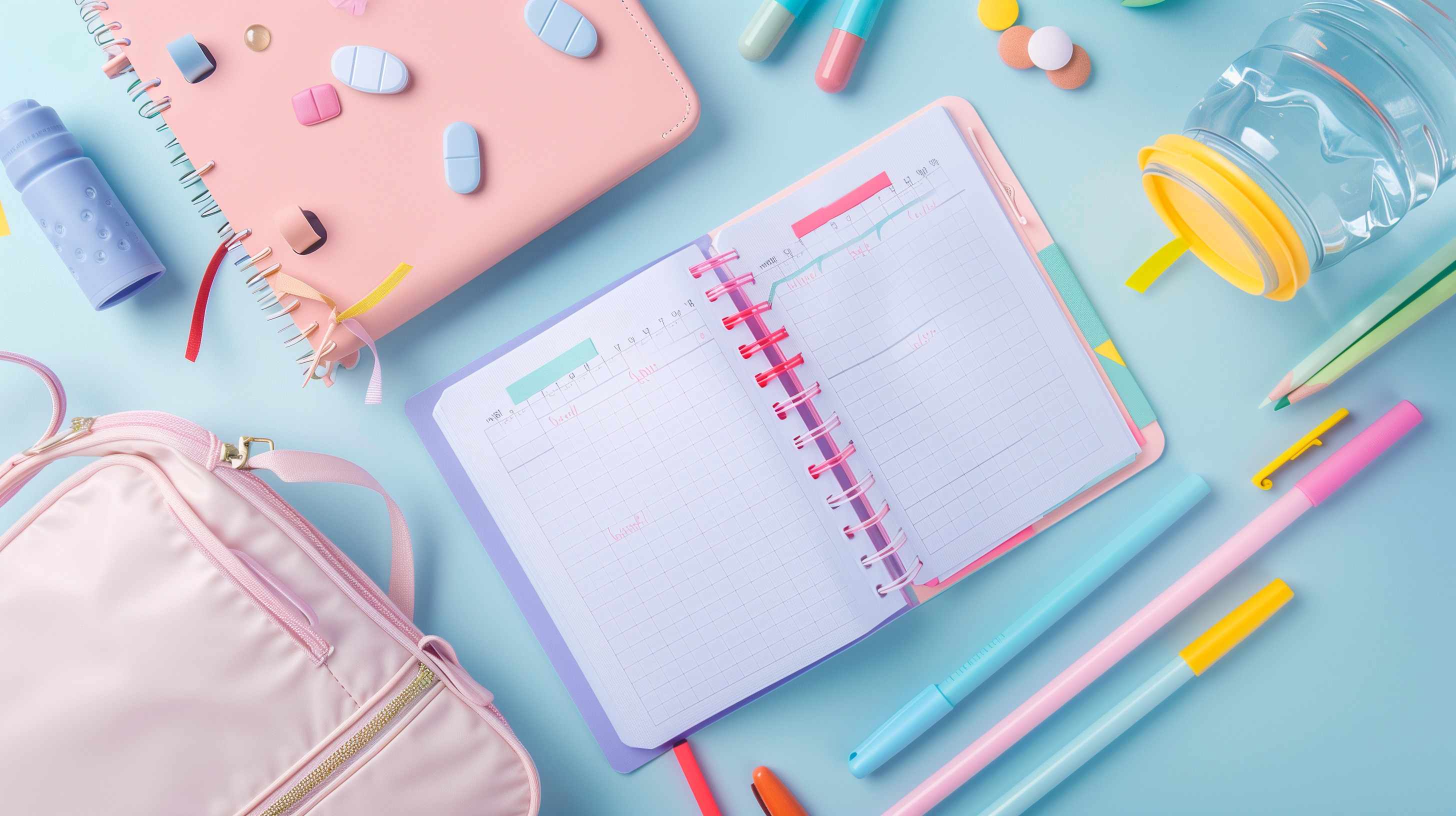Flat lay of a planner, writing utensils, medications, pill holders and a water bottle. This depicts back to school for chronically ill.