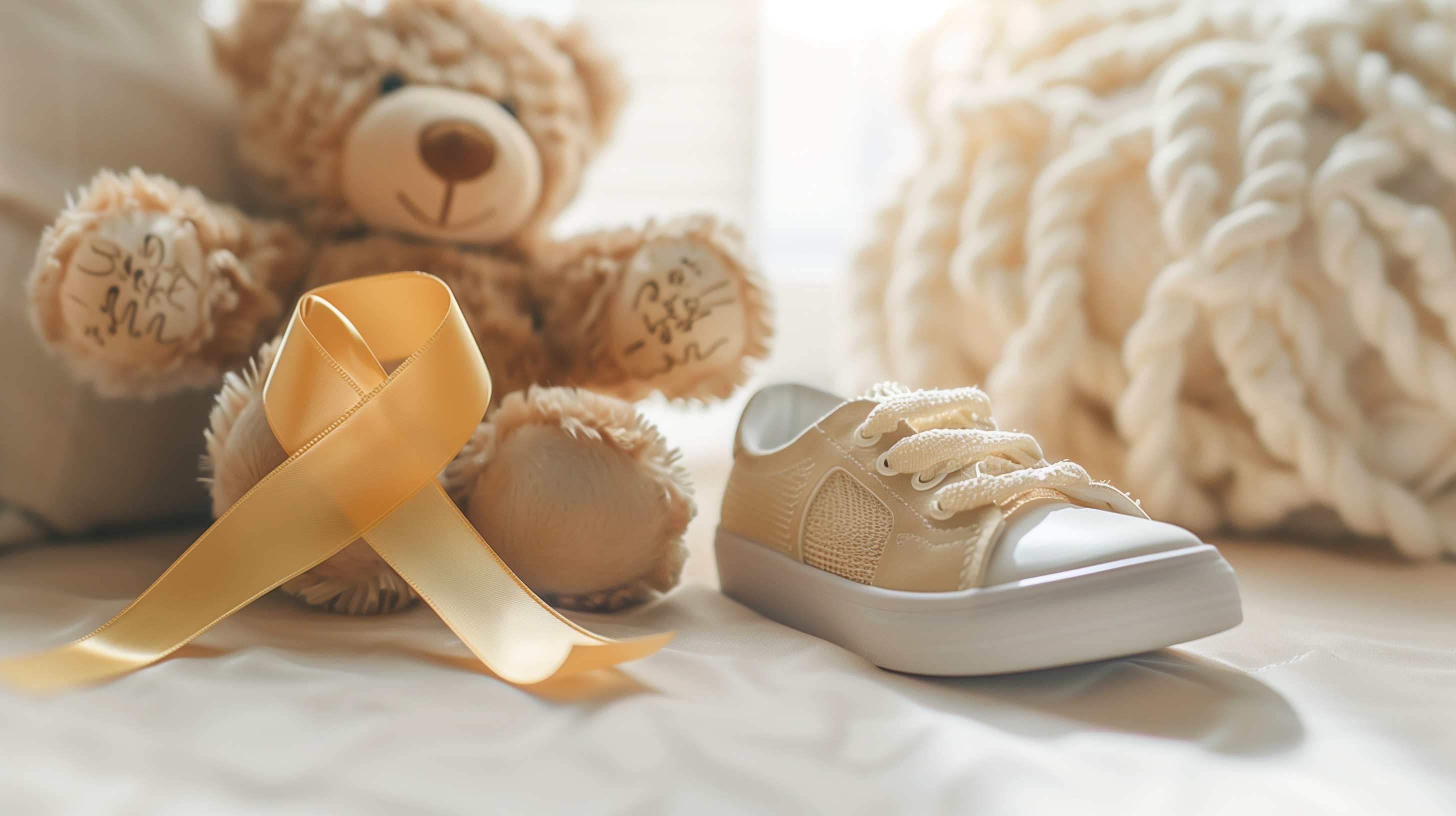 a gold ribbon next to a teddy bear and a child's shoe