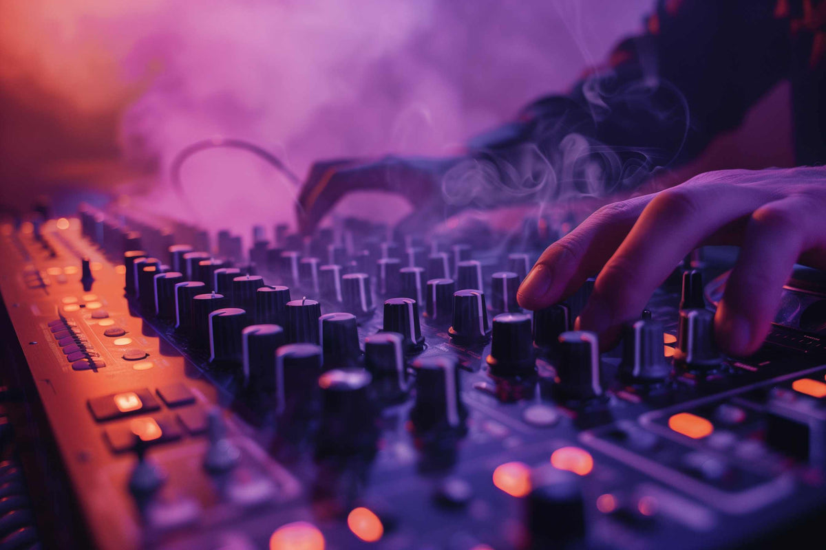 close up of DJ hands on DJ equipment