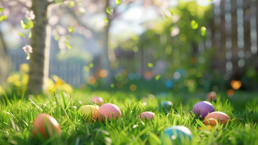 Colorful Easter eggs scattered across a sunny green lawn in a backyard garden setting.