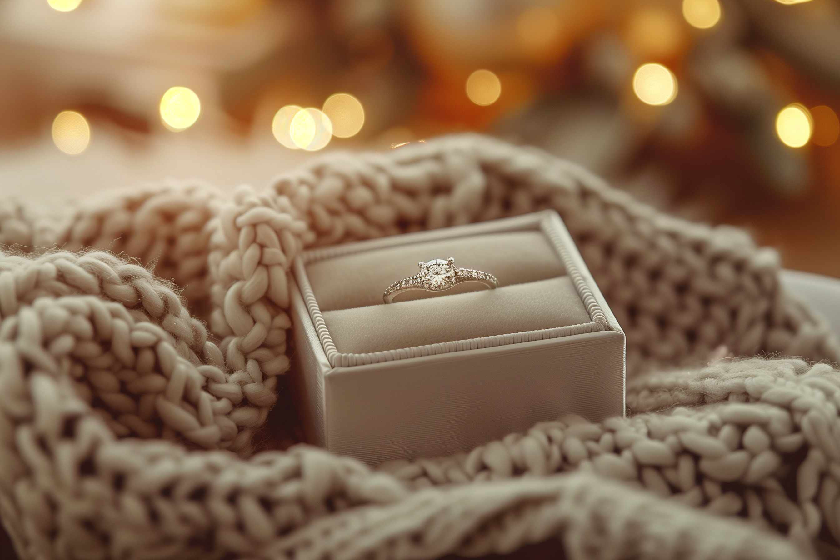engagement ring sitting in box on a blanket