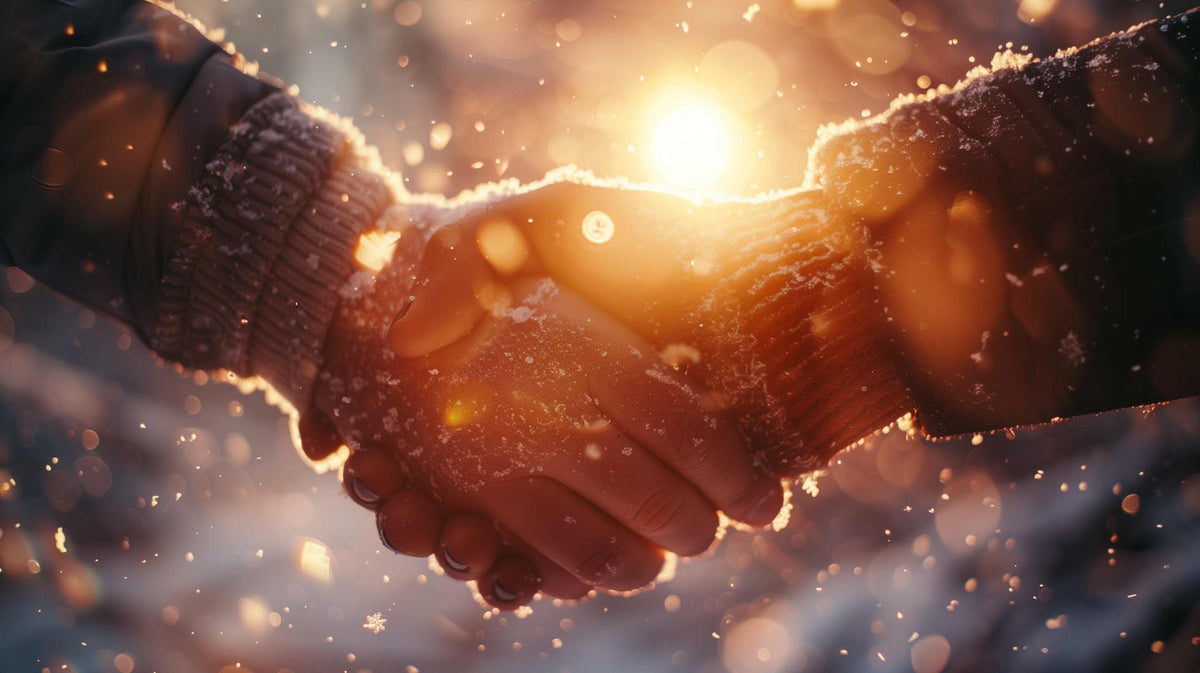Two people in winter clothing shake hands warmly, surrounded by golden light and particles symbolizing connection.