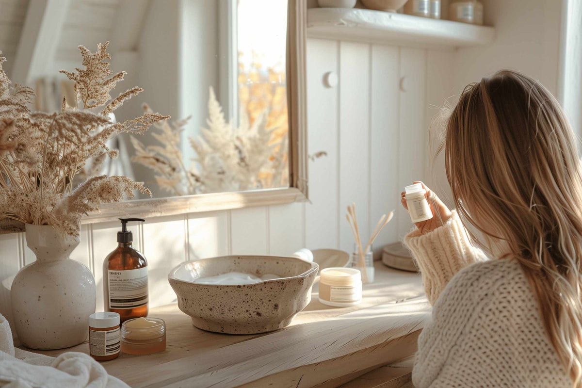 Women looking at a bottle of lotion in her bathroom. It is fall outside.