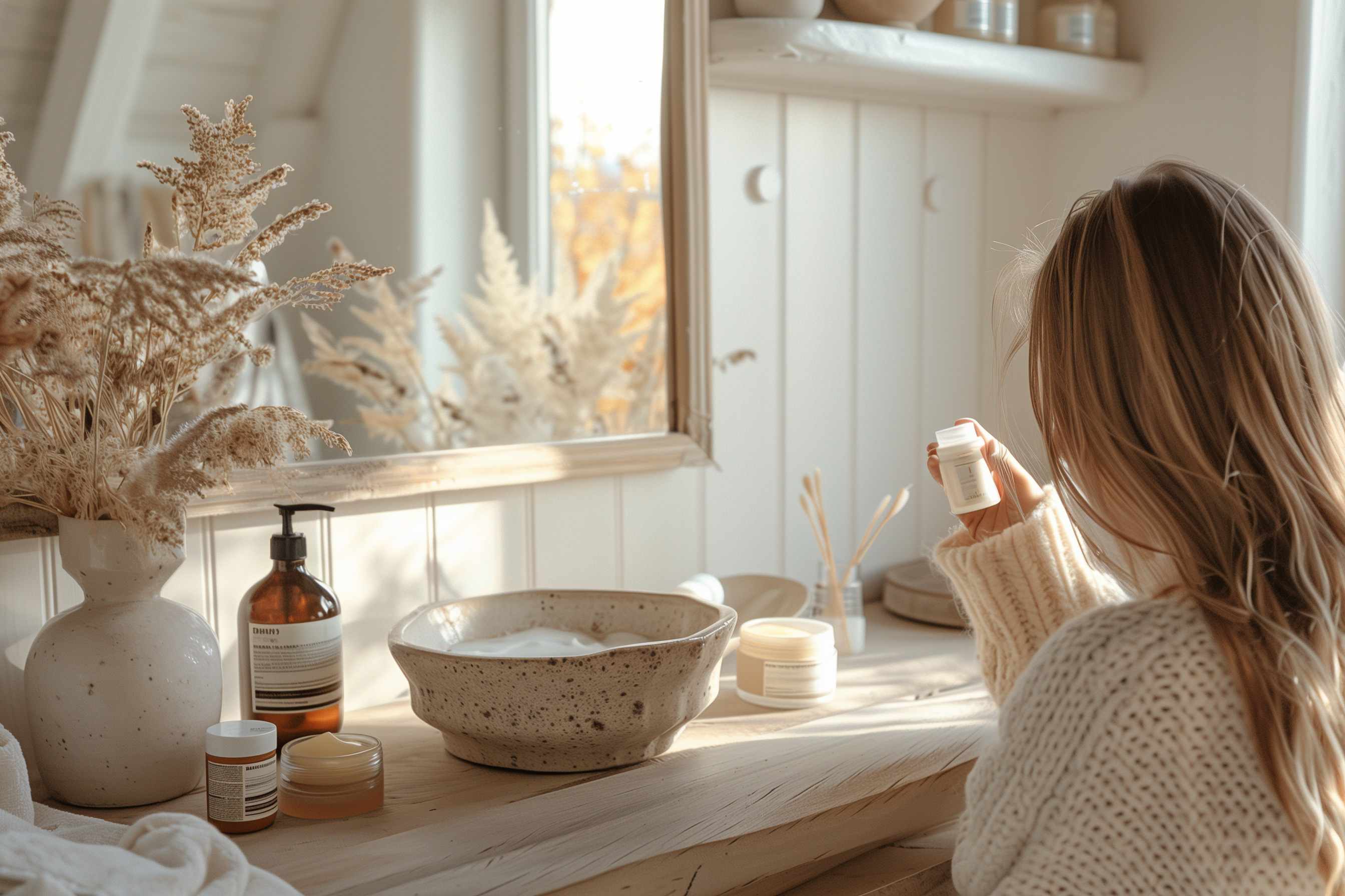 Women looking at a bottle of lotion in her bathroom. It is fall outside.