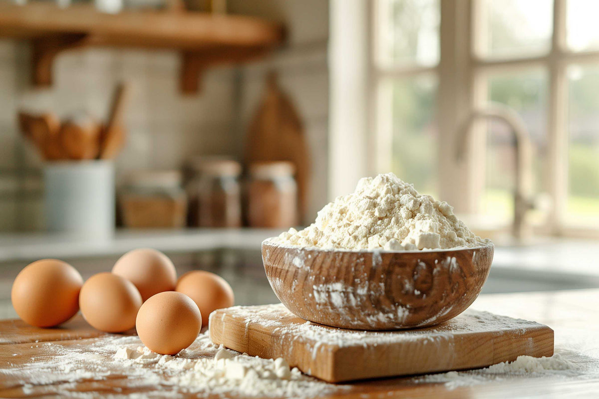 eggs and flour on a kitchen counter