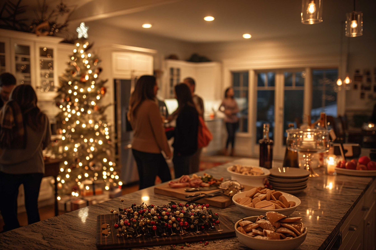 evening holiday gathering, christmas tree, people talking, food spread