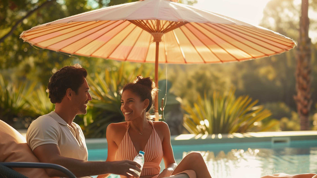 Couple relaxing under a large umbrella by a poolside on a sunny day.