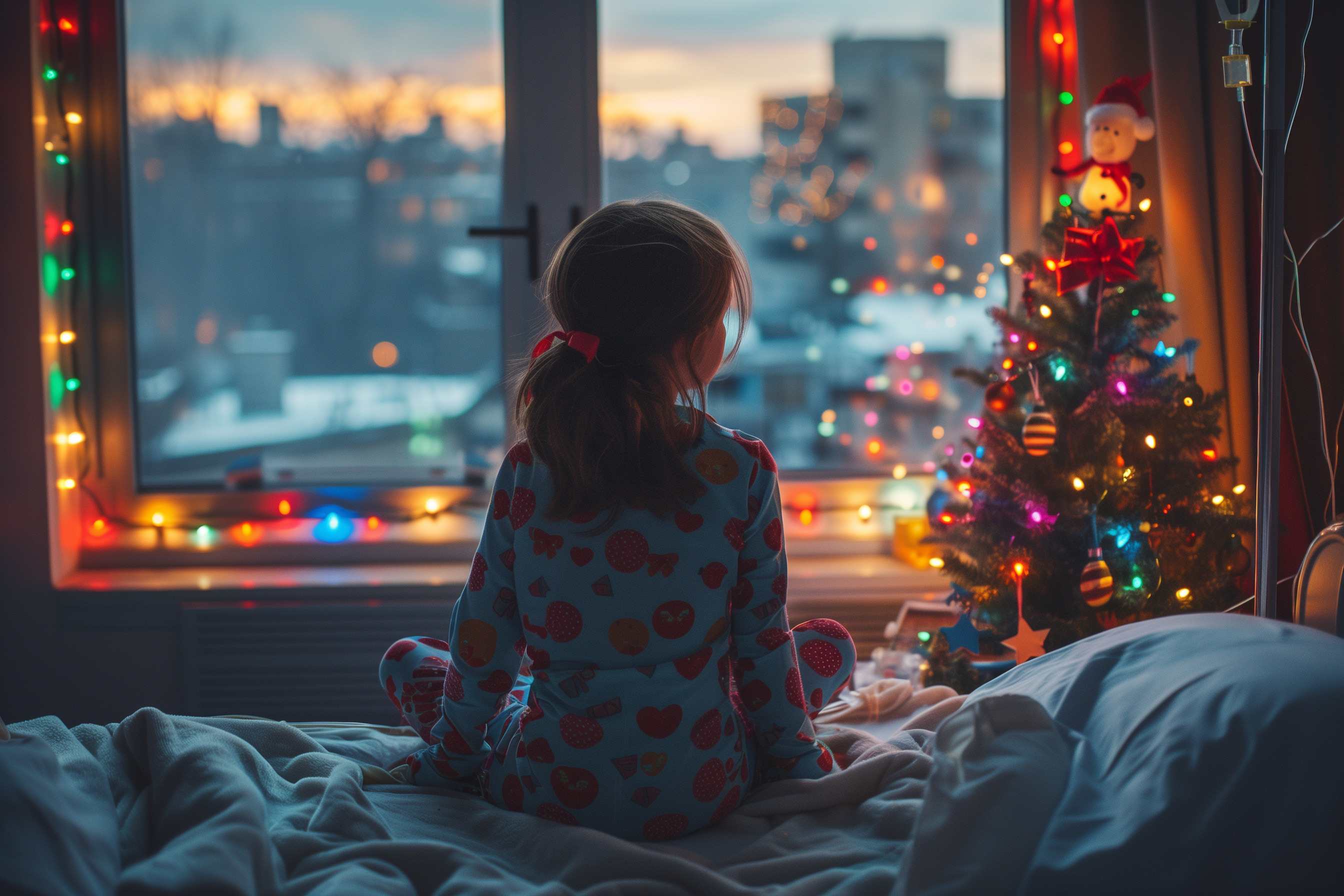 young girl looking out hospital window during christmas time with christmas decor in her room