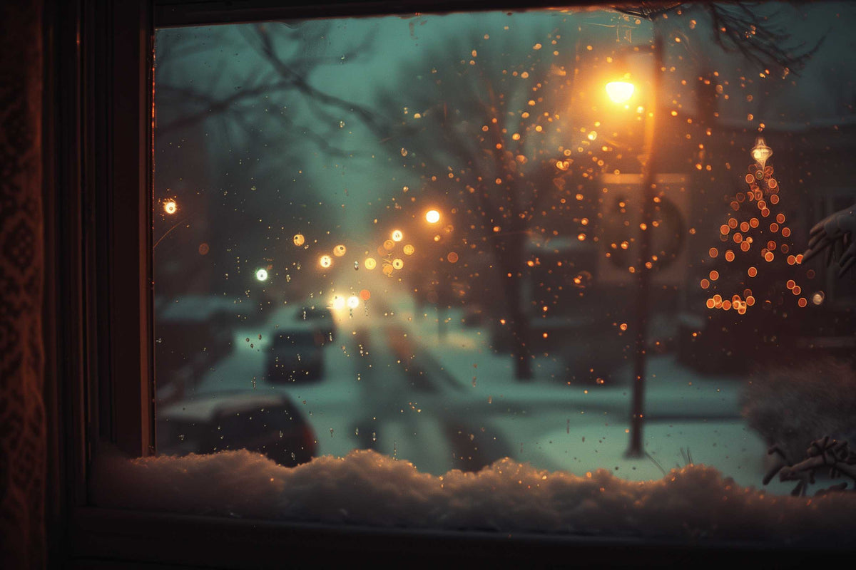 dark lonely view from inside a home looking out to a dark snowy night with some christmas lights in the distance