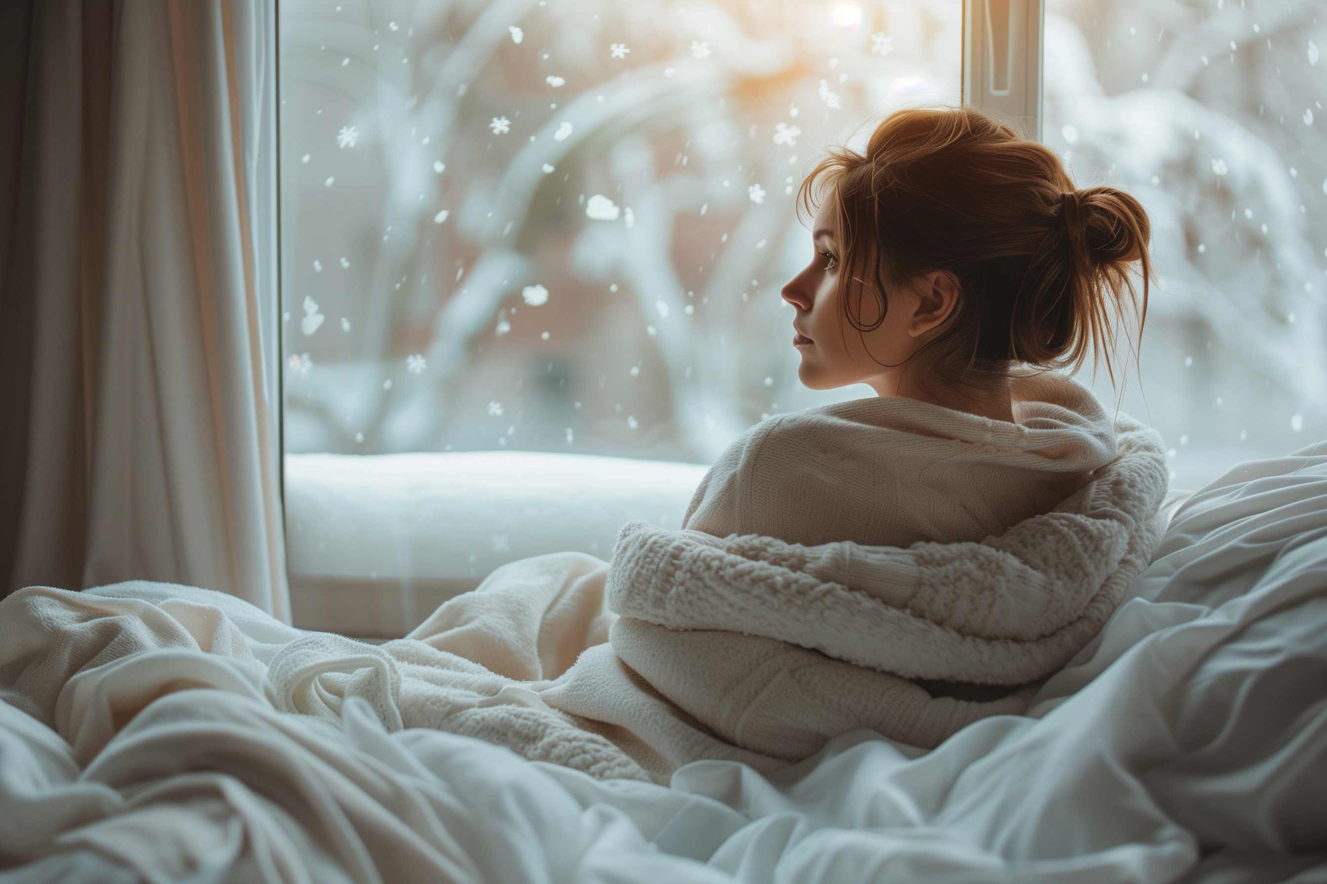 women in blankets on her bed,snowy outside, taking it slow in the mornning