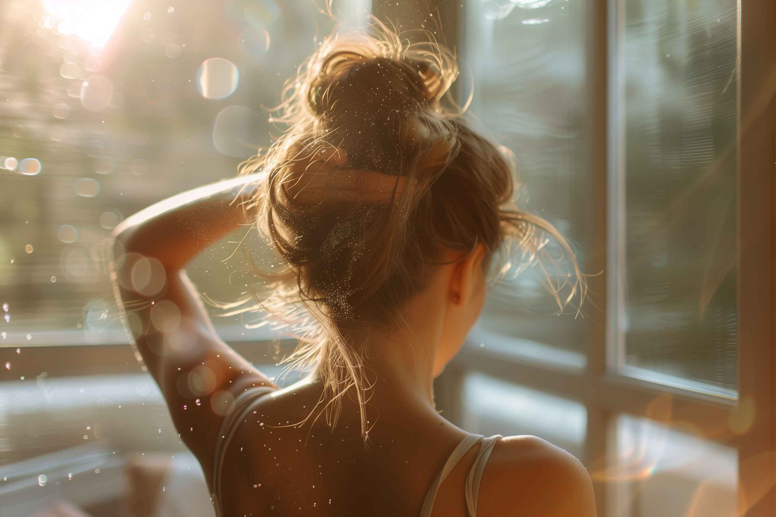 women putting baby powder in her hair to absorb oil