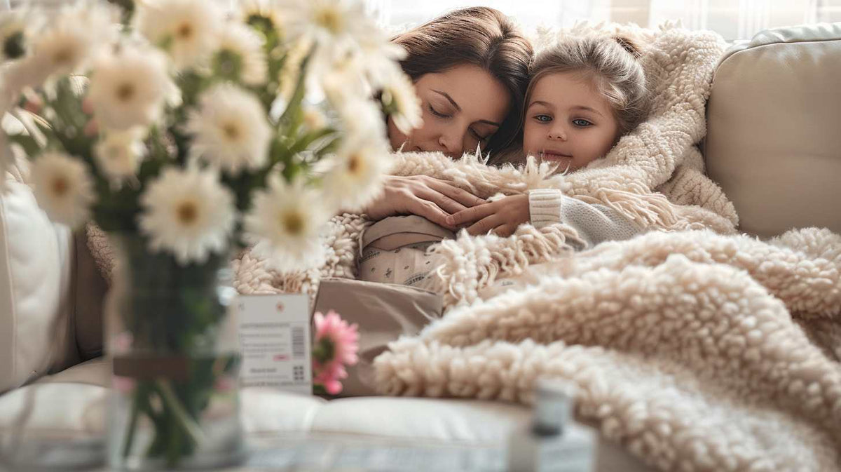 A woman and child cuddle together under a cozy blanket on a couch beside fresh flowers.