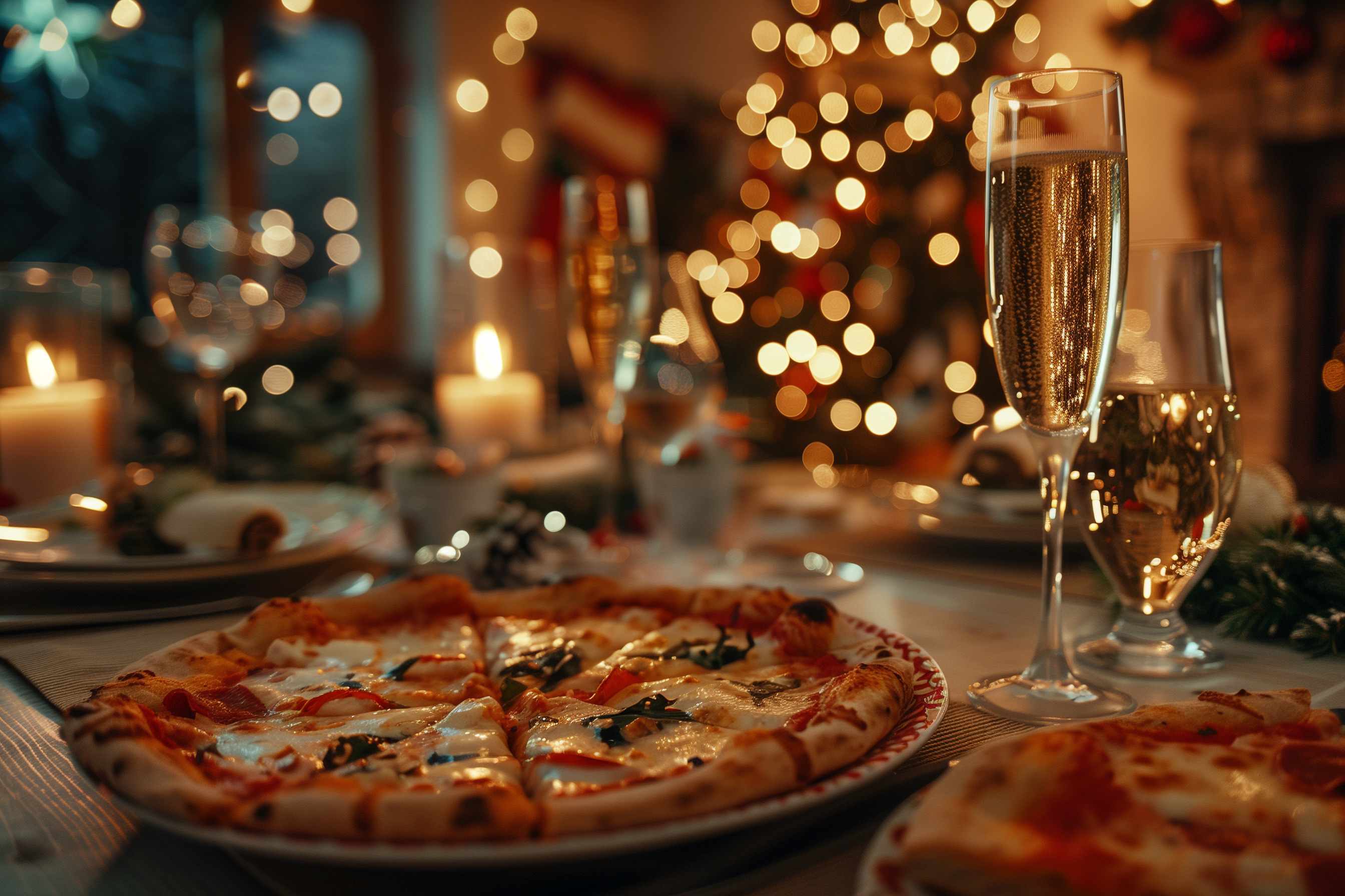 pizza with ginger ale in a champagne glass, people staying in for new years eve