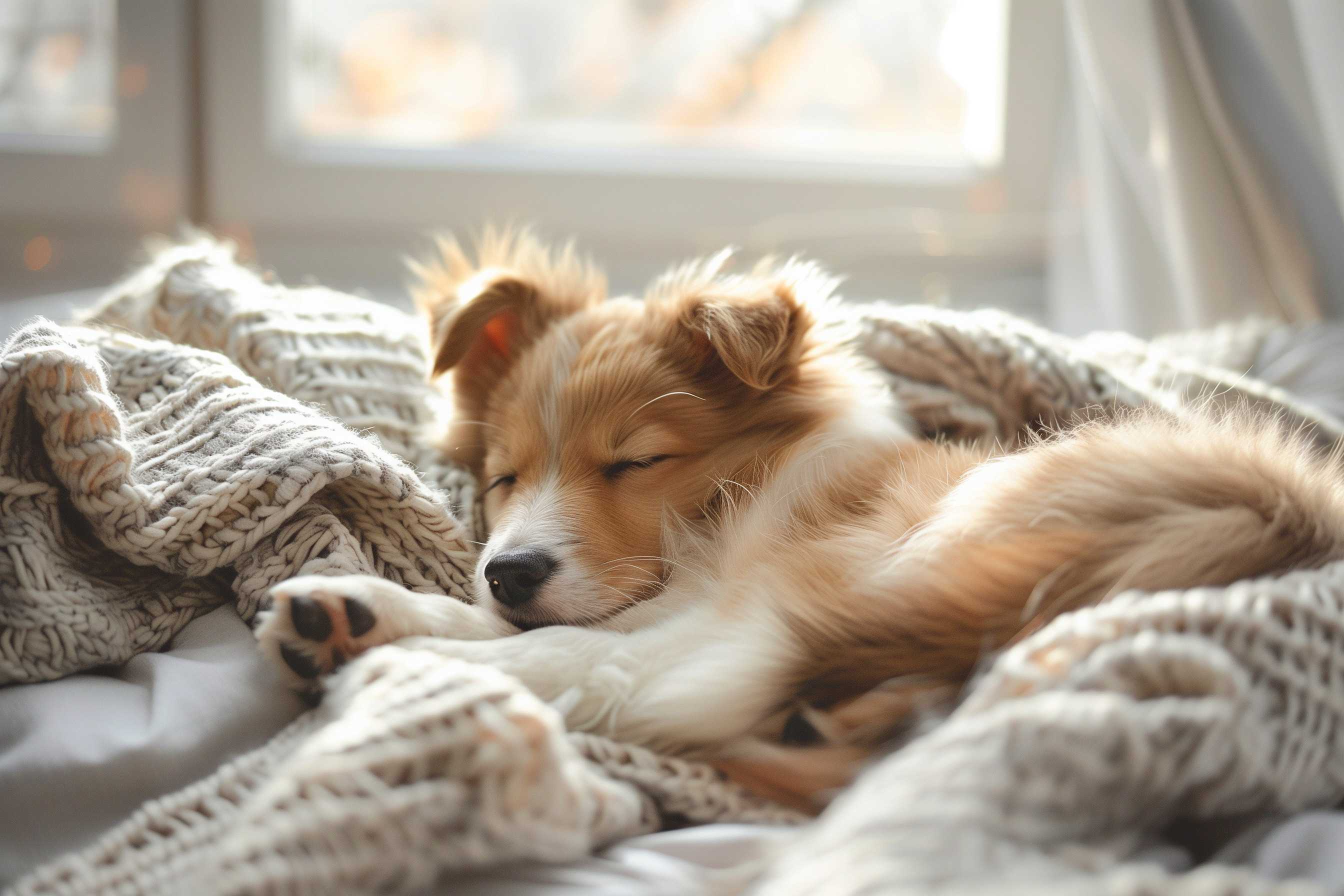 a puppy on a bed with their owner resting