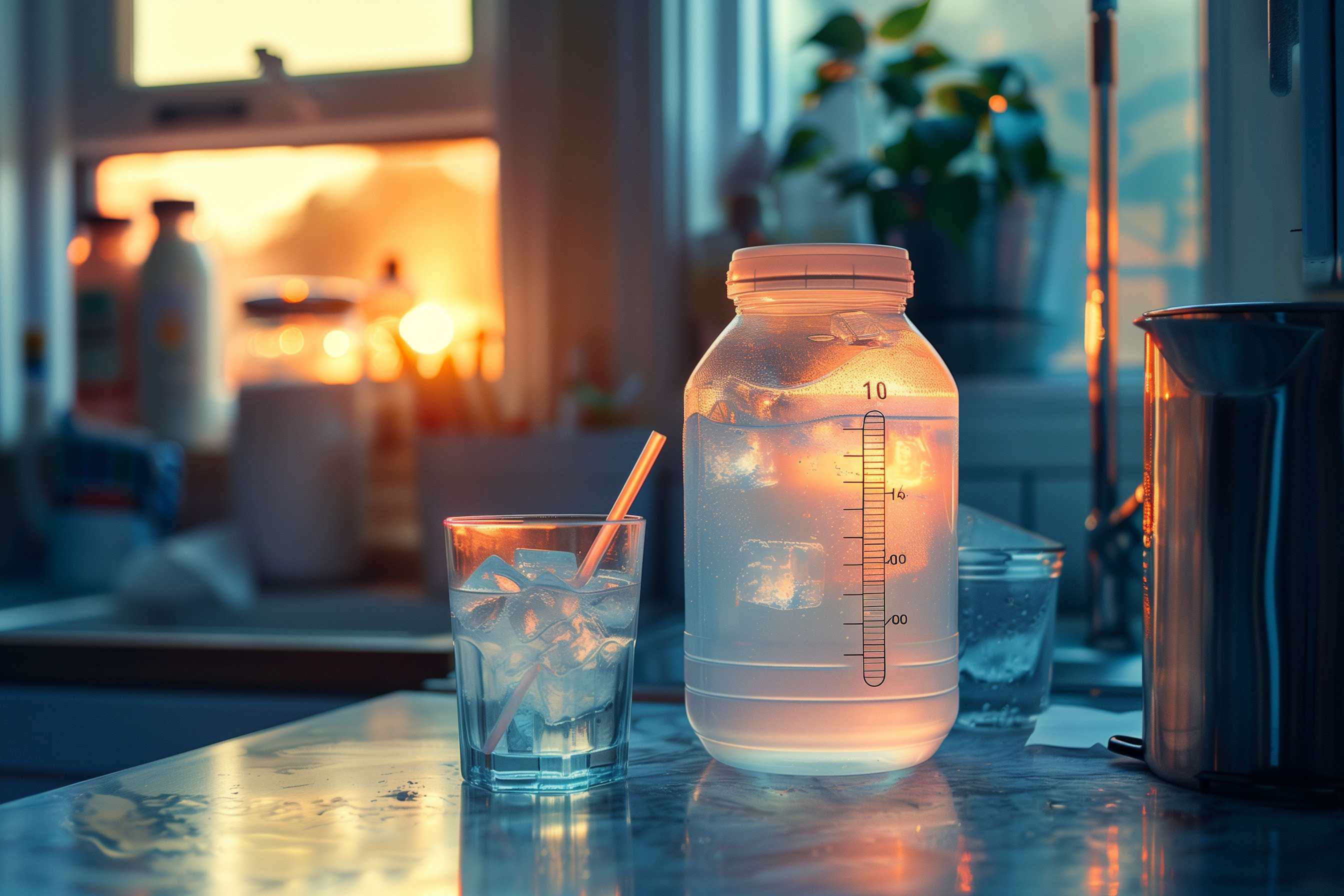 sun is setting through kitchen window. jug of colonoscopy prep is on counter with a glass of ice and straw next to it.
