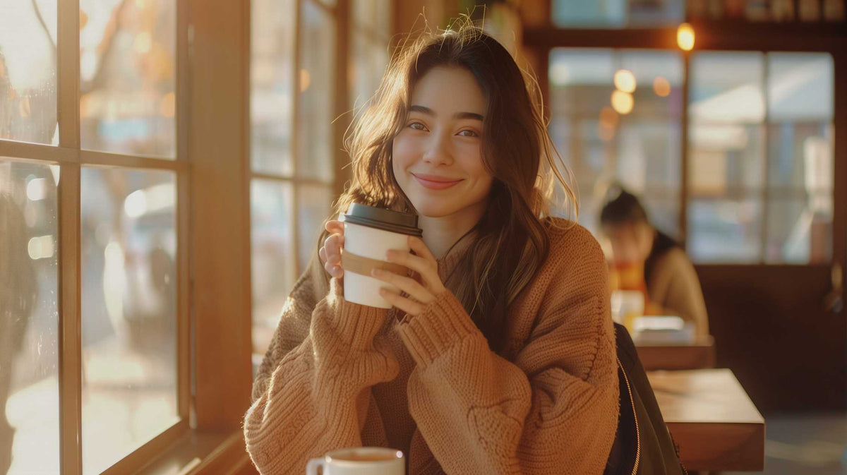 Woman in warm sweater holding coffee cup by window, smiling peacefully indoors.