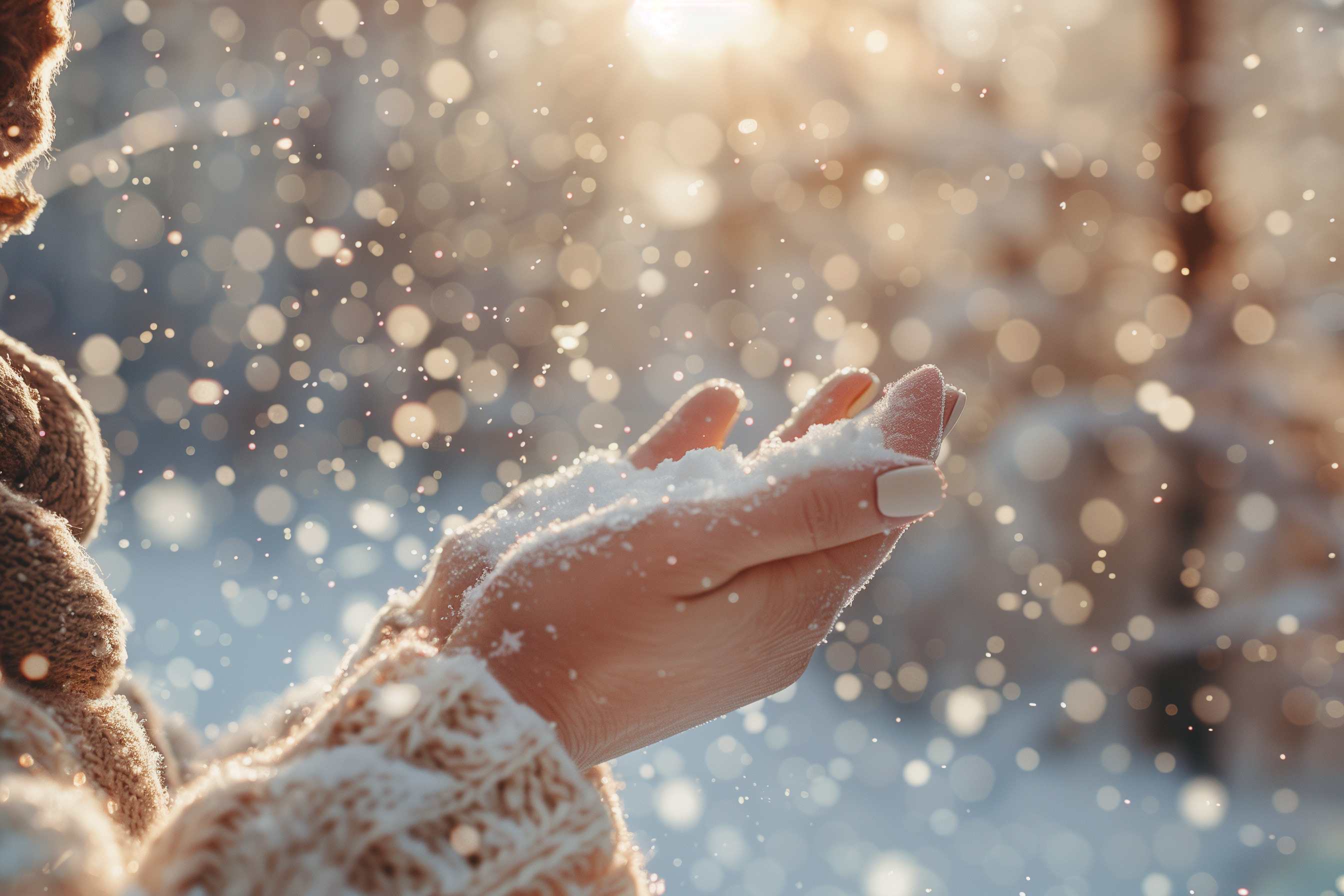 close up of hands holding snow