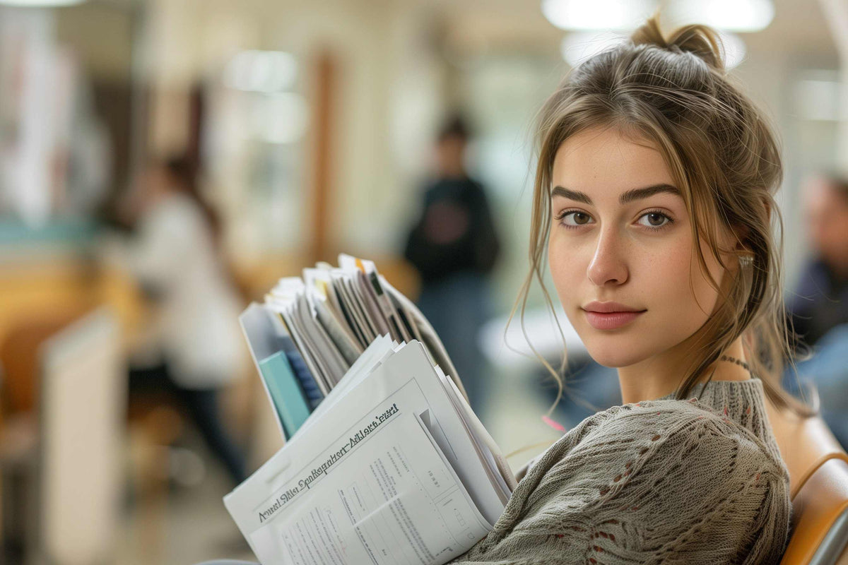 Young woman holding a stack of papers in a school hallway, looking at the camera.