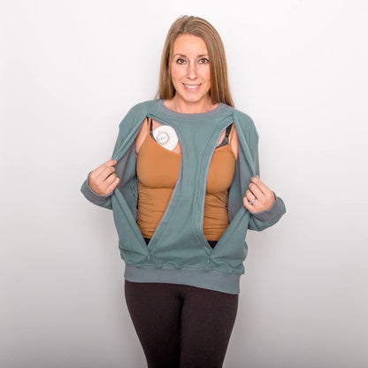 Multi-Access Crewneck Blue Spruce | Model is 5'3" 130lbs wearing size S