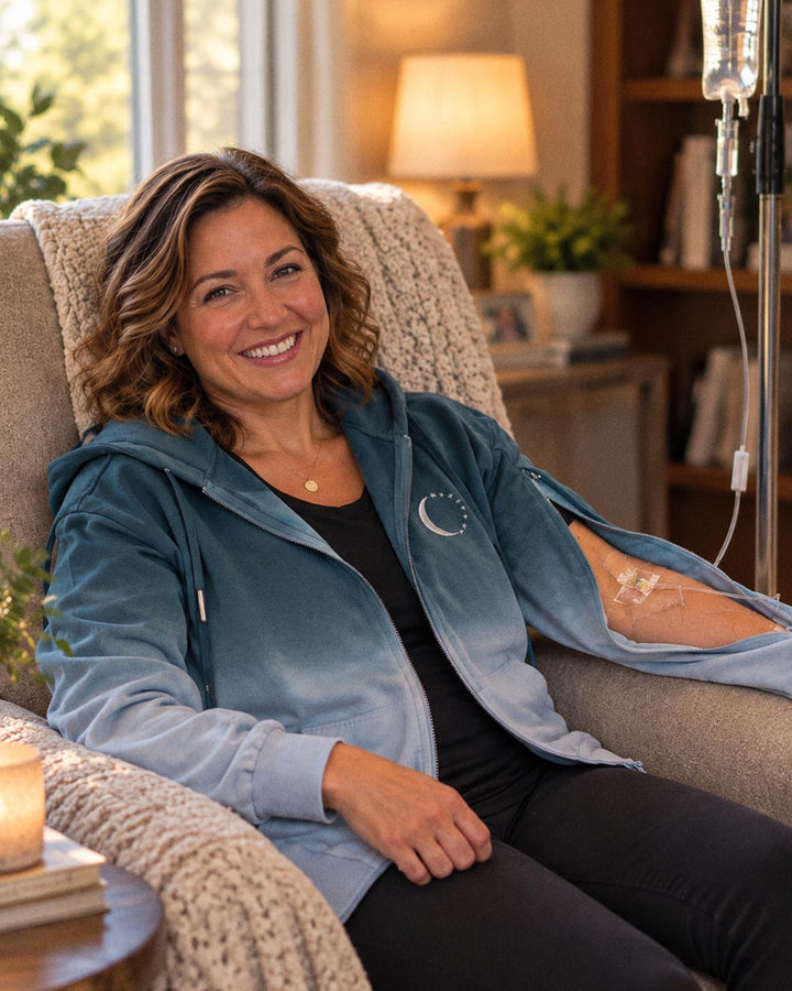 Always Whole IV Zip Hoodie in blue ombré, with a crescent moon and stars embroidered in silver thread