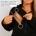 Woman demonstrating dual front zippers on black hoodie with circled zipper locations.