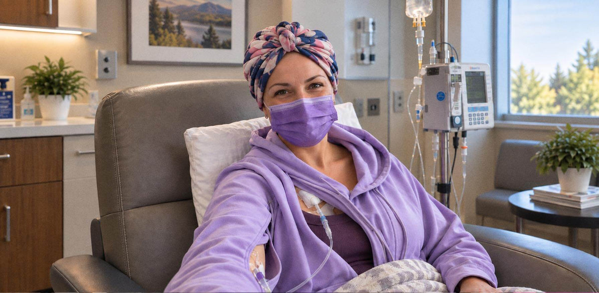 Gift-giver's loved one wearing the BeWell Multi-Access Hoodie during treatment