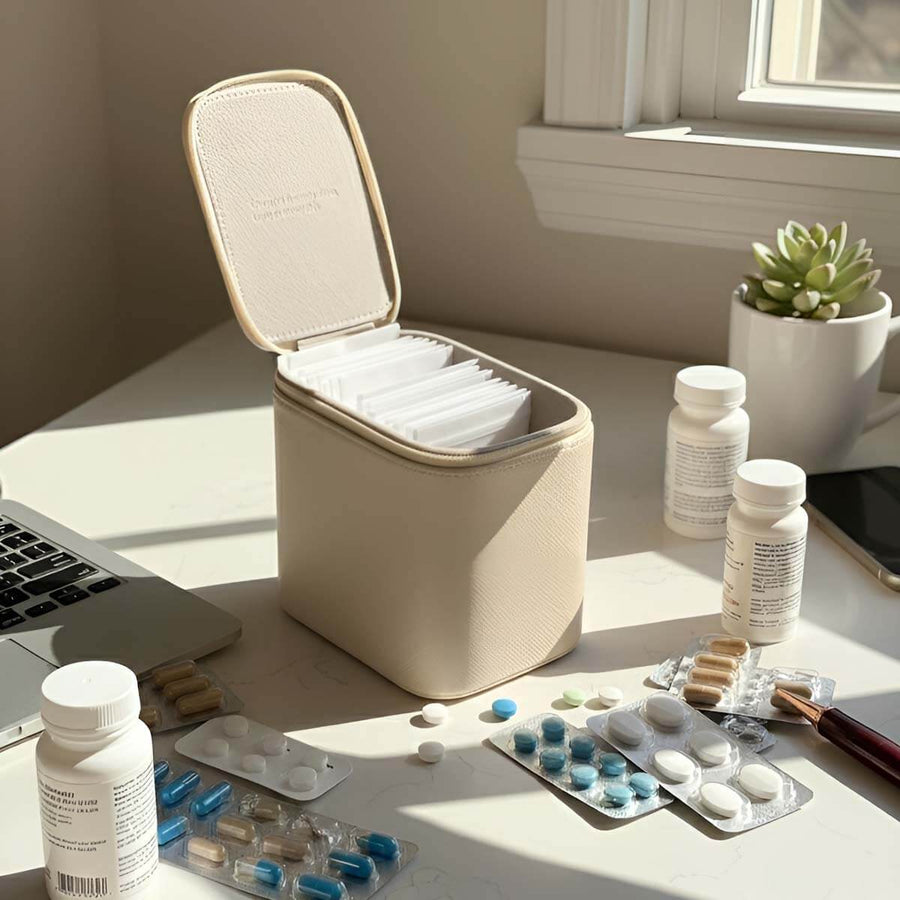 Organized medication and supplement containers displayed on a white desk with a cream storage organizer.