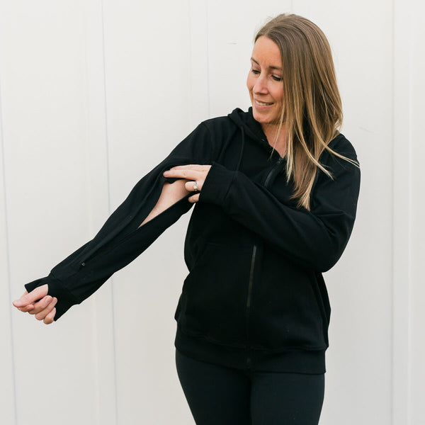 IV Zip Hoodie Black  | Model is 5'3" 130lbs wearing size S