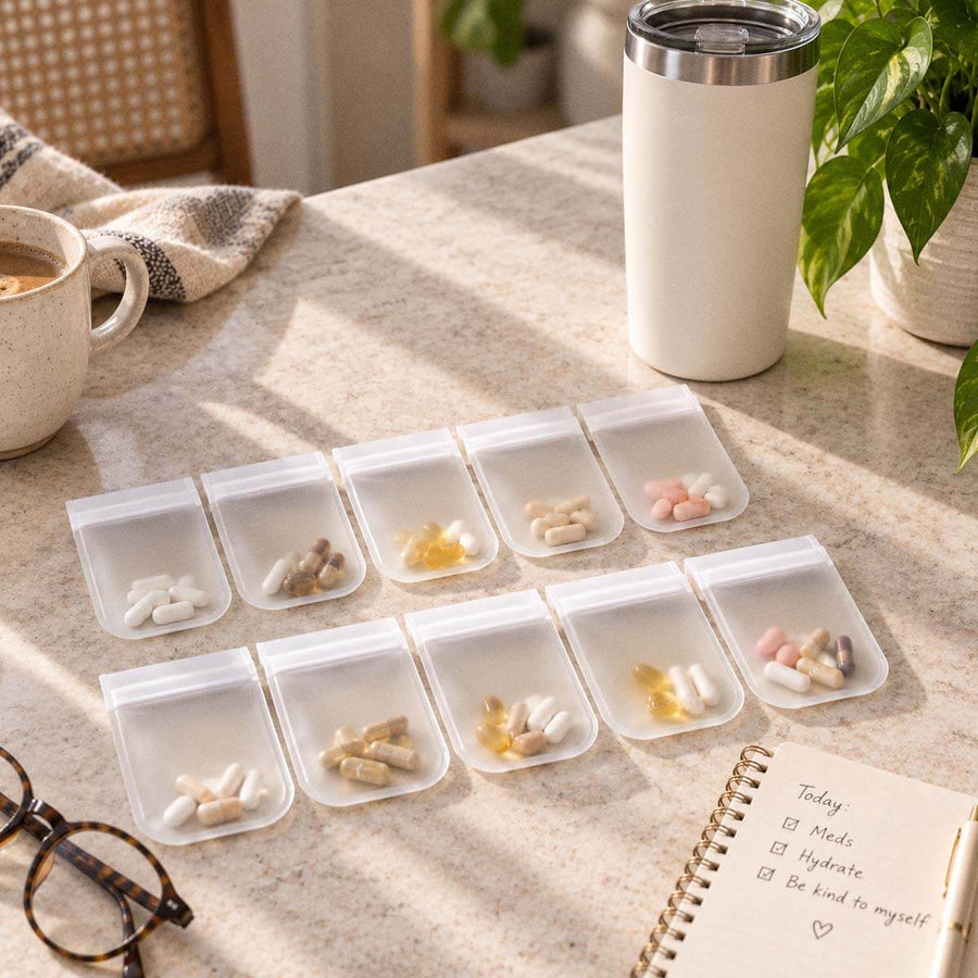 Reusable pill pouches arranged for daily medications beside a tumbler and notebook